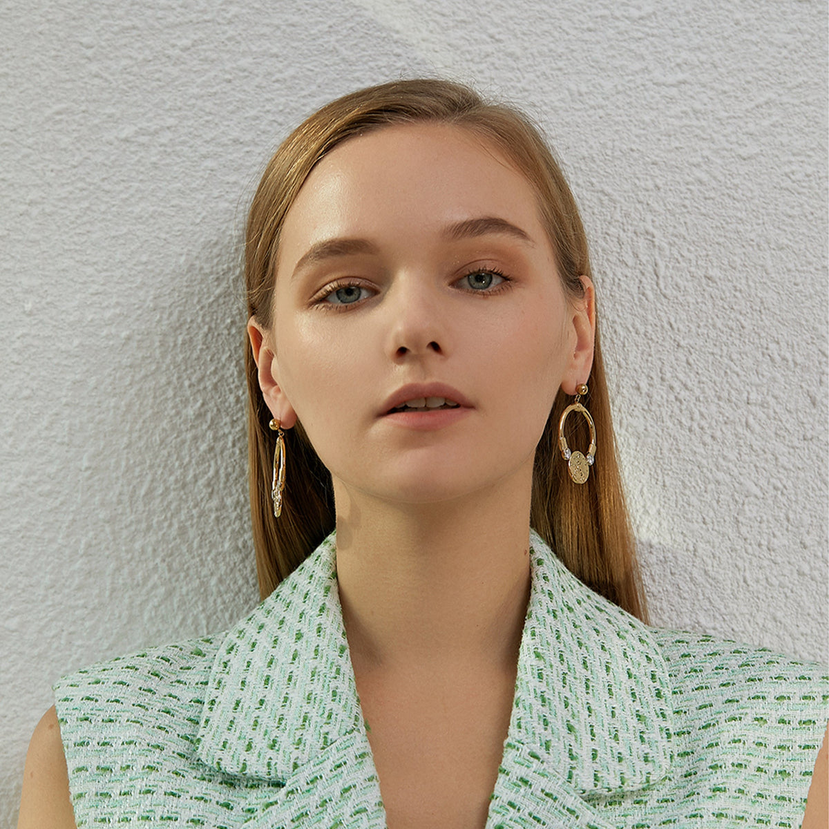 Embossed Medallion Crystal Hoop Drop Earrings, Ball Stud Top