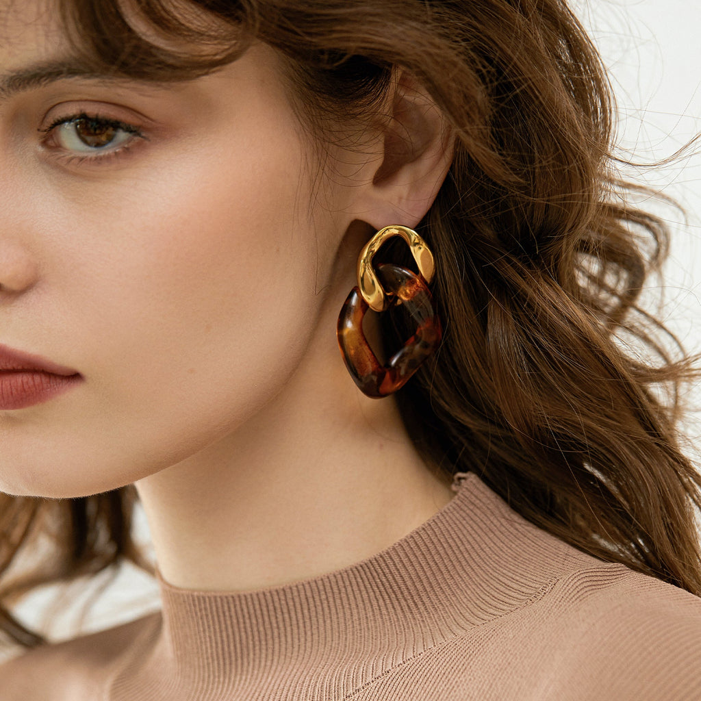 Leopard Resin Interlocking Link Drop Earrings, 14K Plated
