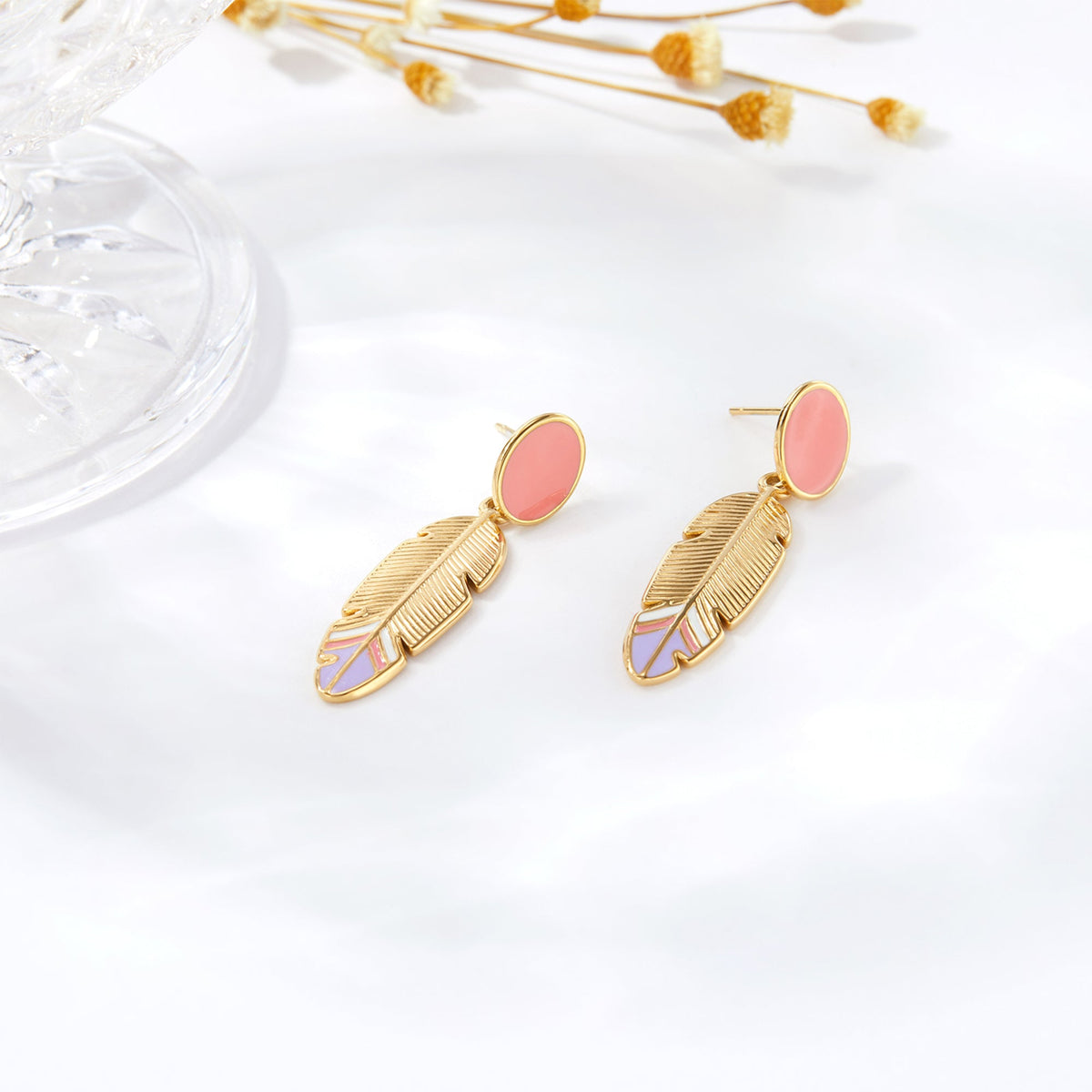 Pastel Enamel Feather Drop Earrings, Boho Color-Block Tips