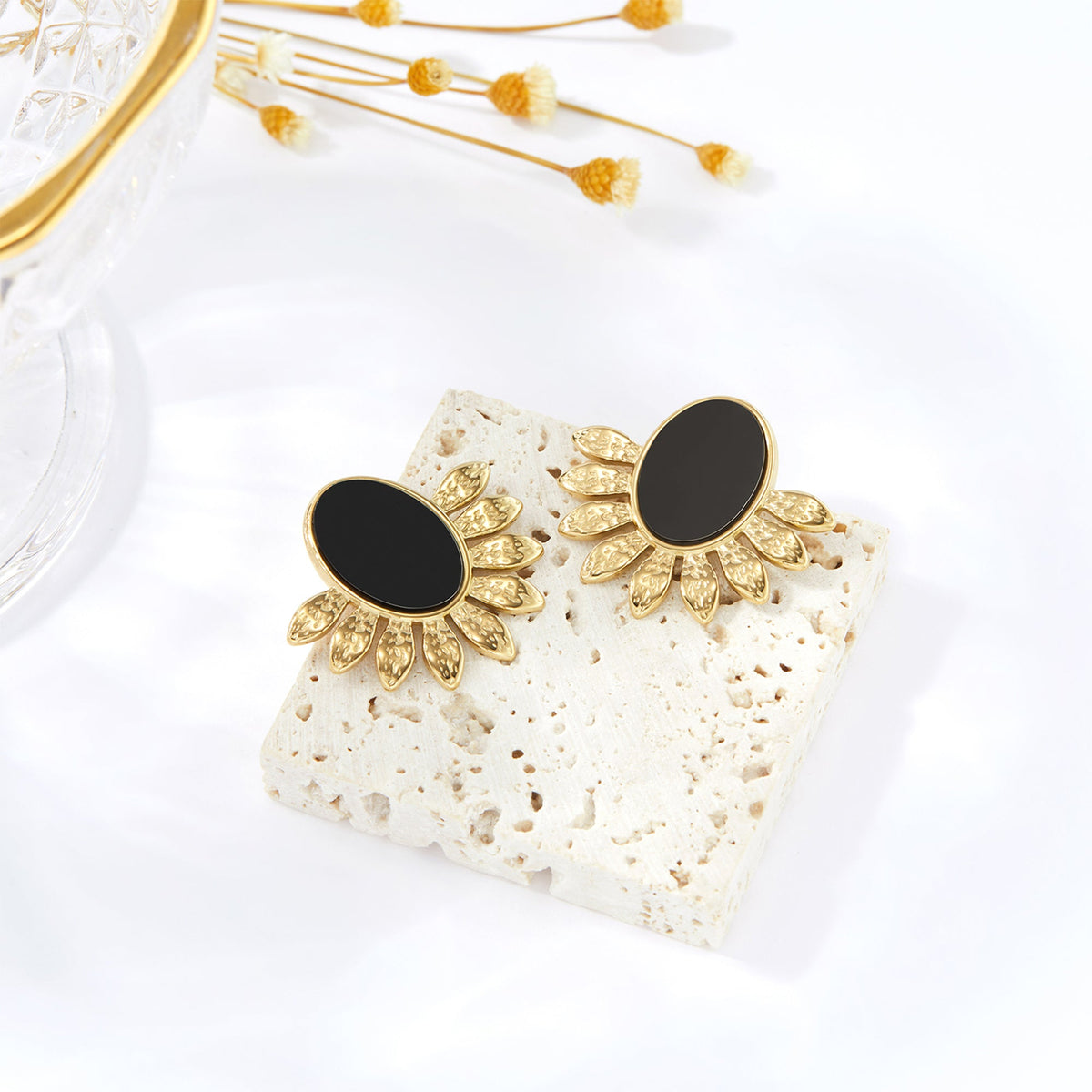 Black Oval Sunburst Statement Studs, Art Deco Halo