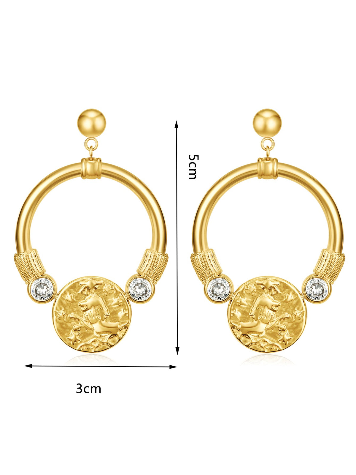 Embossed Medallion Crystal Hoop Drop Earrings, Ball Stud Top