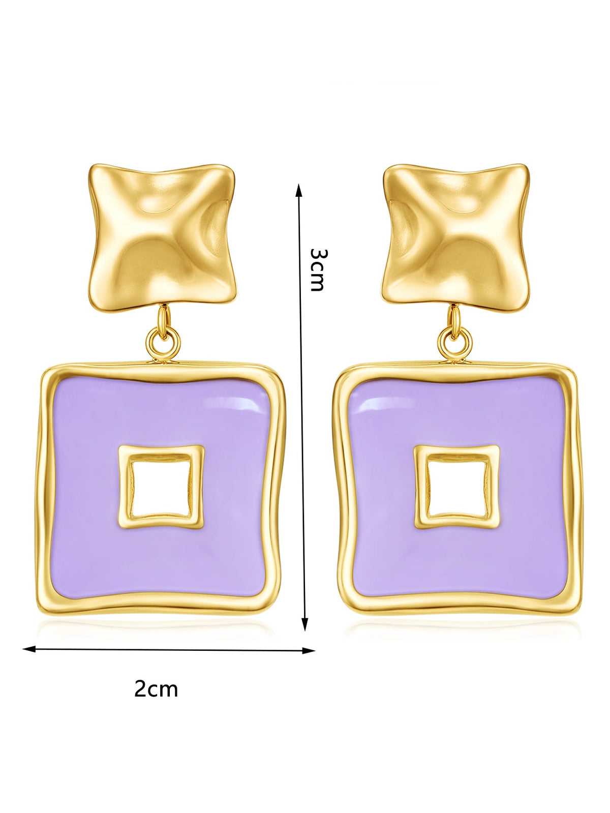 Lilac Enamel Geometric Square Drop Earrings, Hammered Top