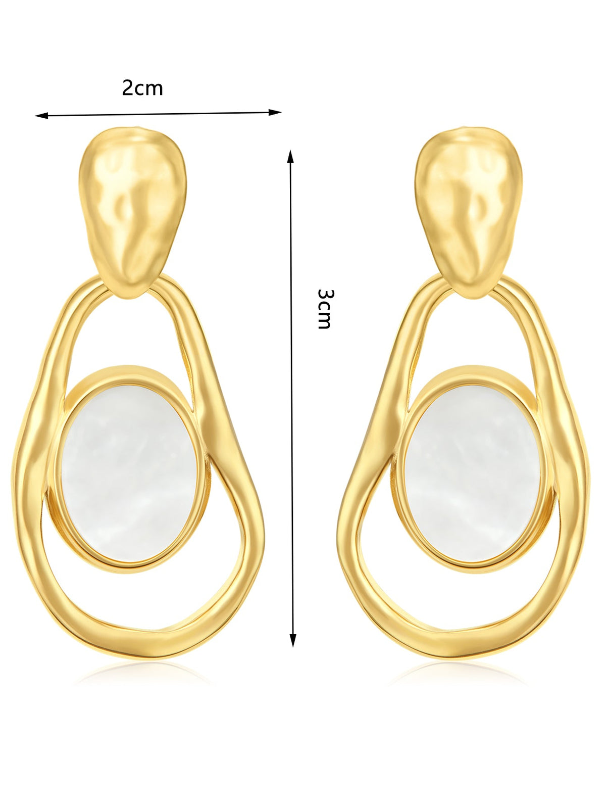 Organic Hammered Mother-of-Pearl Drop Earrings, Sculptural Loop