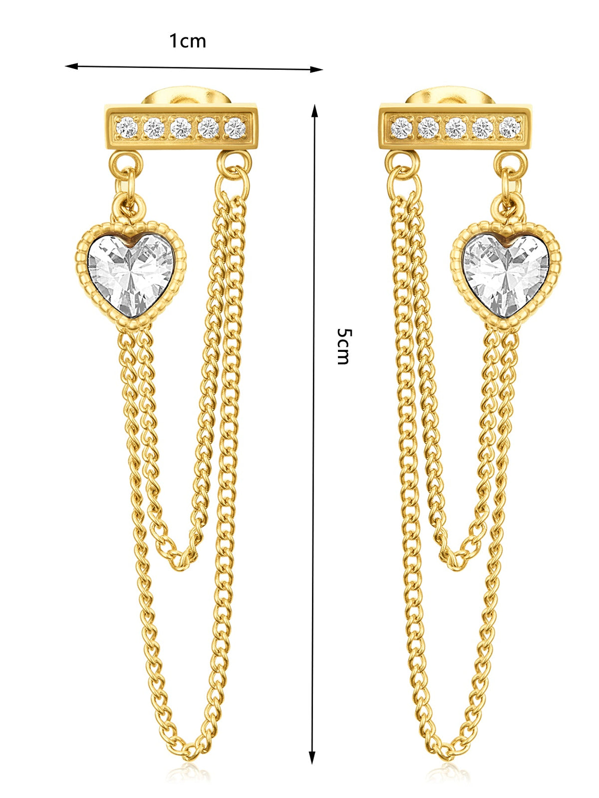 CZ Heart Chain Dangle Drop Earrings, Draped Double Chain
