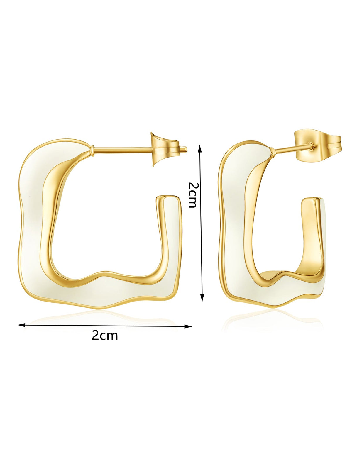 Abstract Wavy White Enamel Square Hoop Earrings, Open C-Hoop