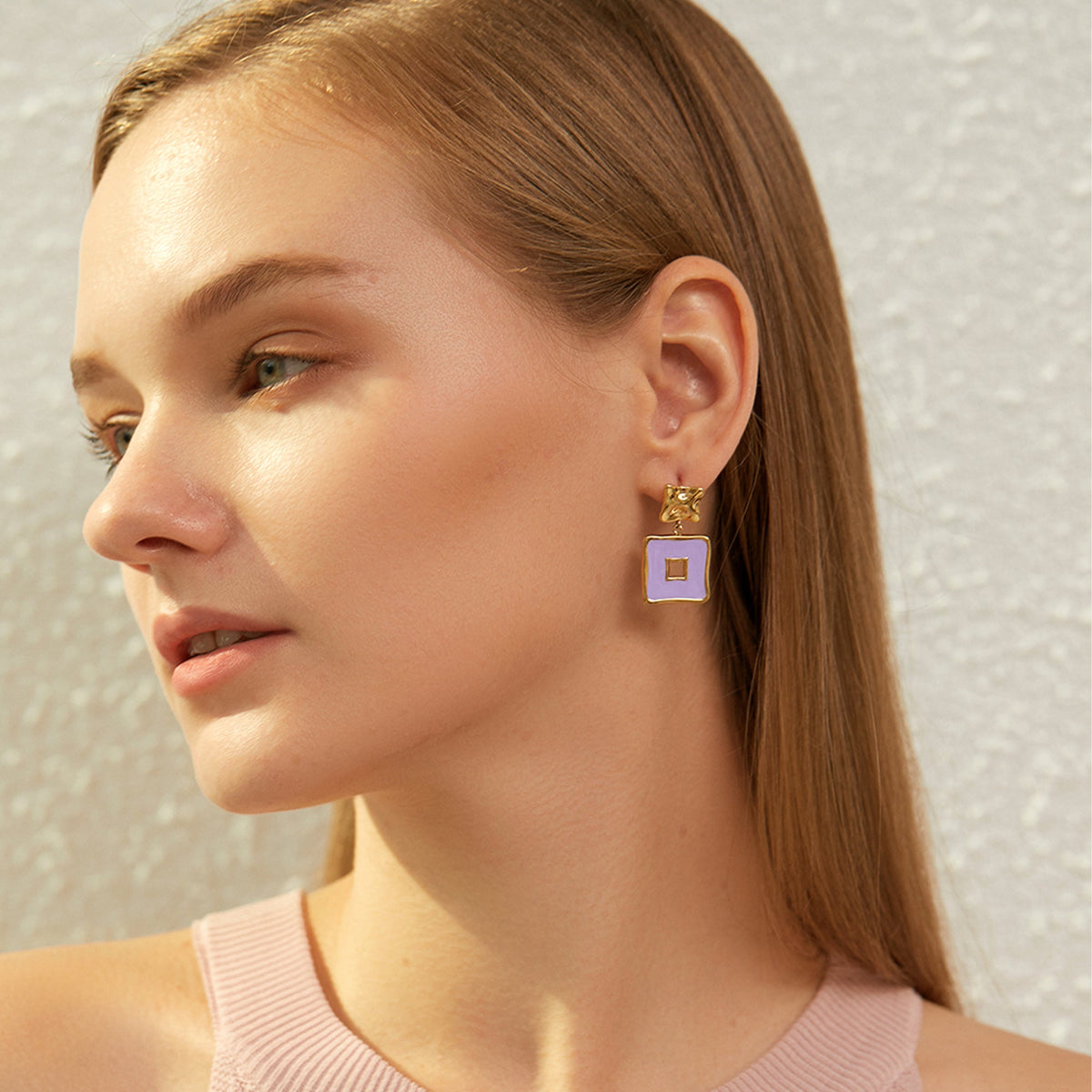 Lilac Enamel Geometric Square Drop Earrings, Hammered Top