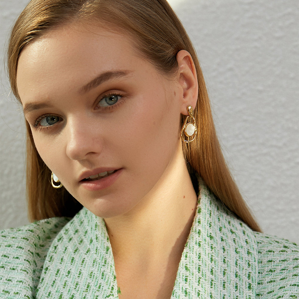 Organic Hammered Mother-of-Pearl Drop Earrings, Sculptural Loop