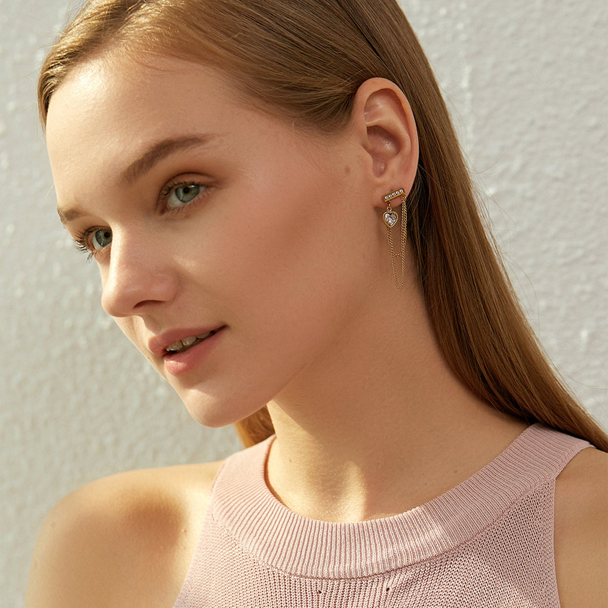CZ Heart Chain Dangle Drop Earrings, Draped Double Chain
