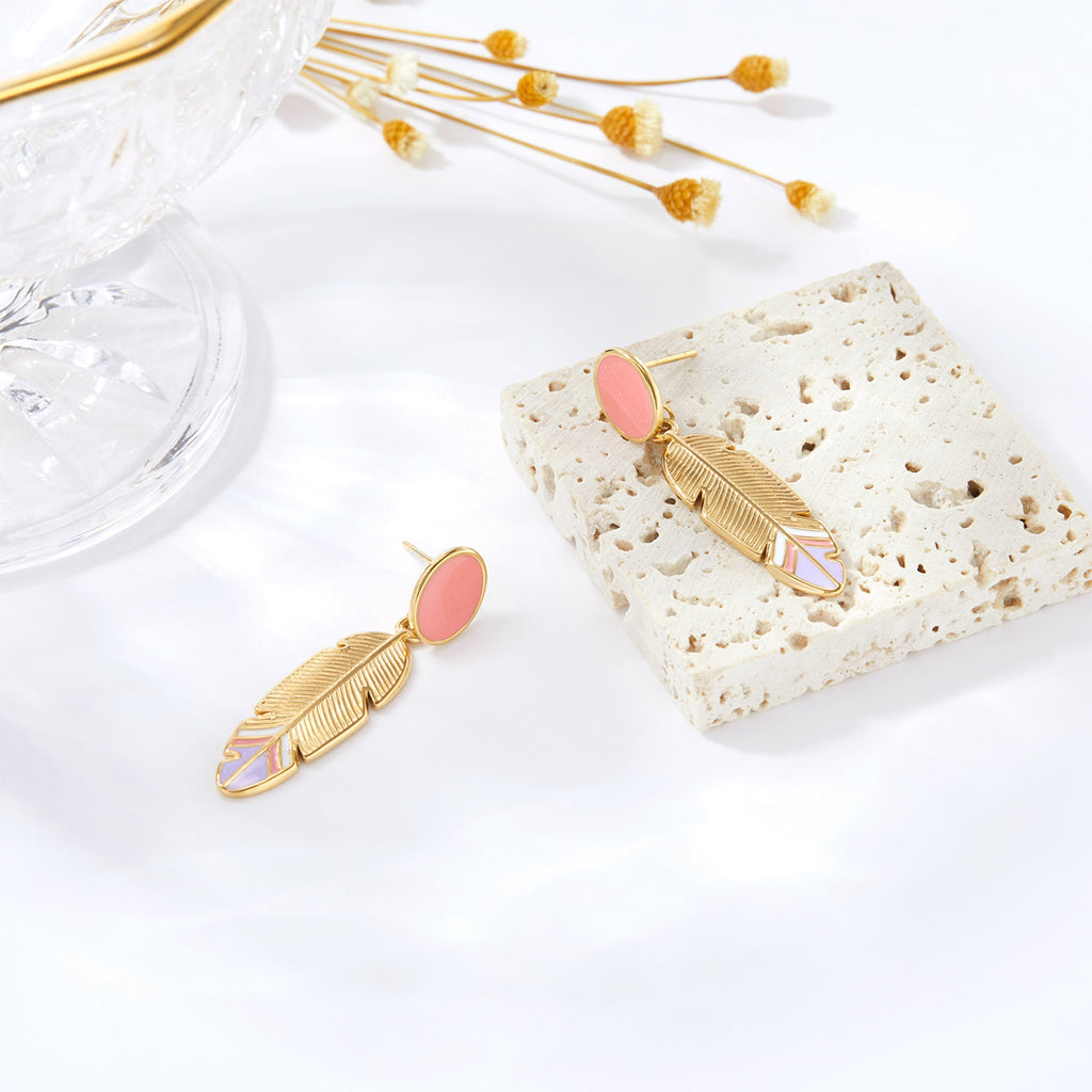 Pastel Enamel Feather Drop Earrings, Boho Color-Block Tips