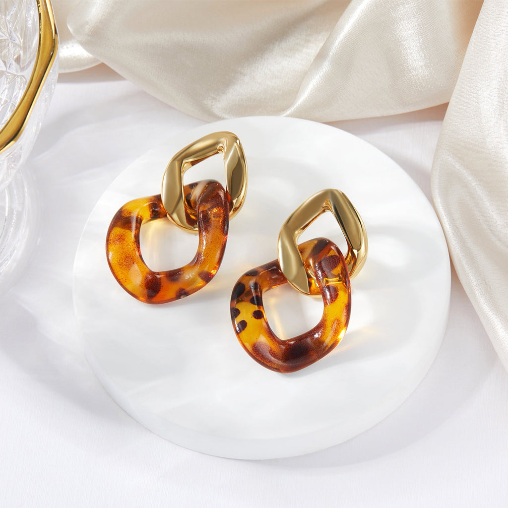 Leopard Resin Interlocking Link Drop Earrings, 14K Plated