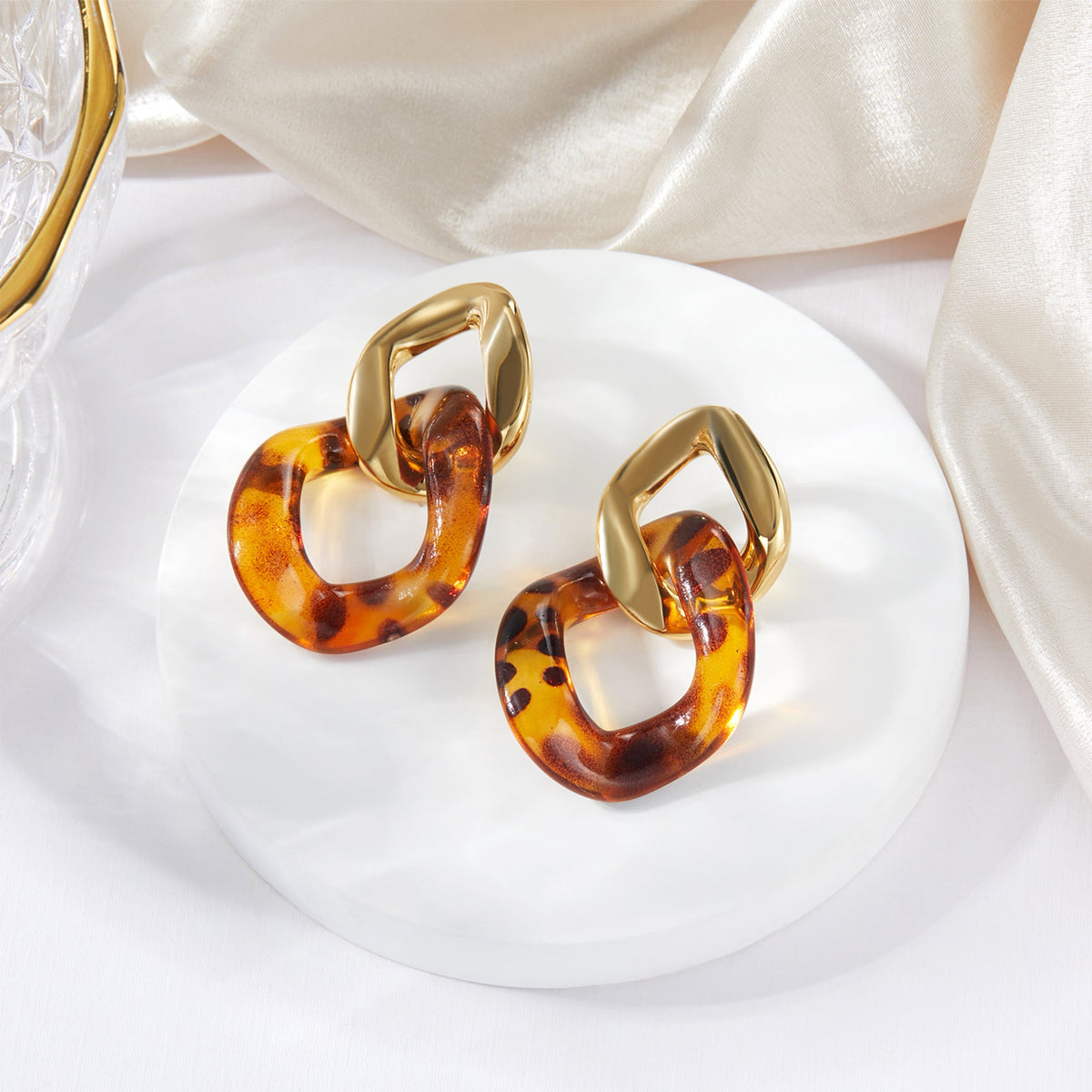Leopard Resin Interlocking Link Drop Earrings, 14K Plated