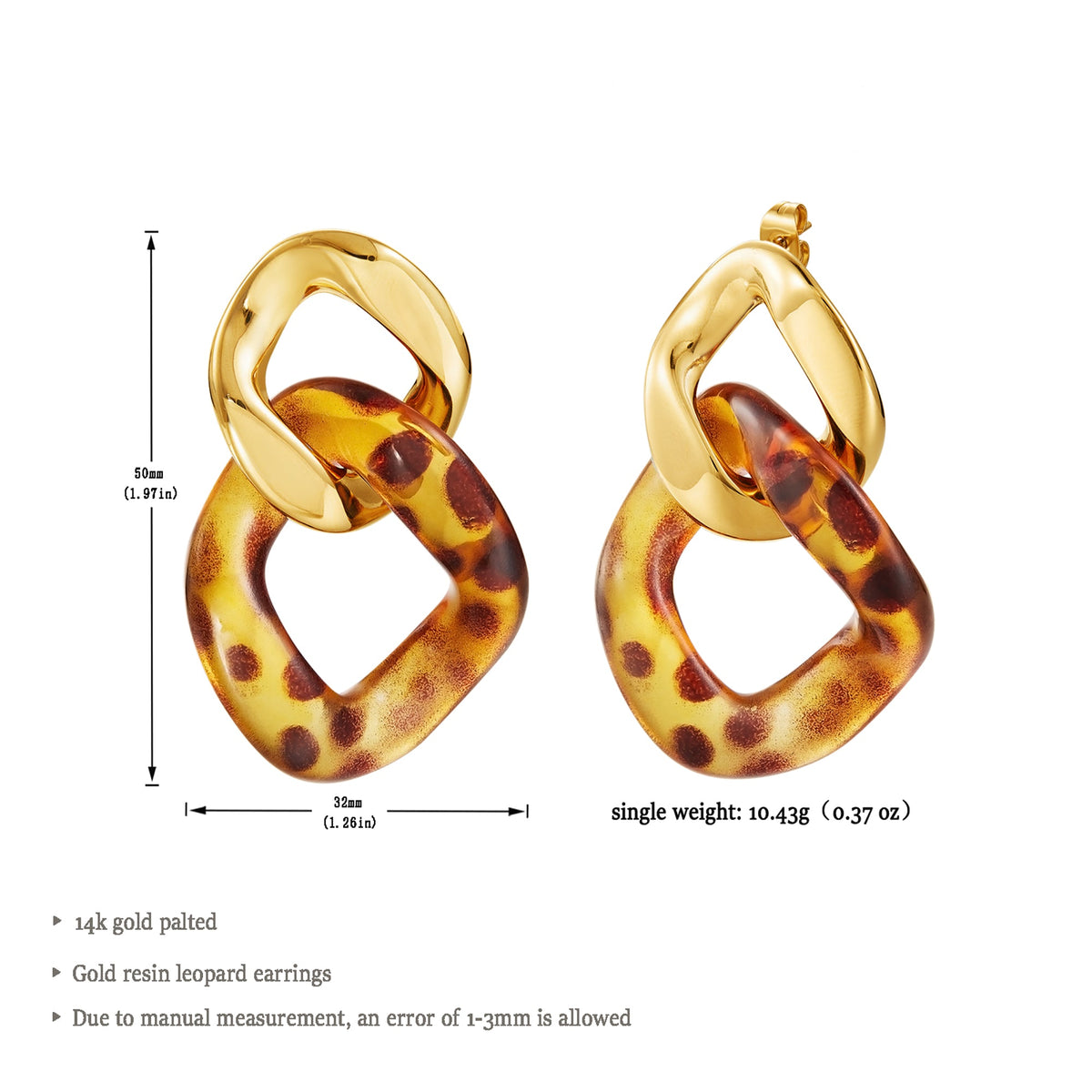Leopard Resin Interlocking Link Drop Earrings, 14K Plated