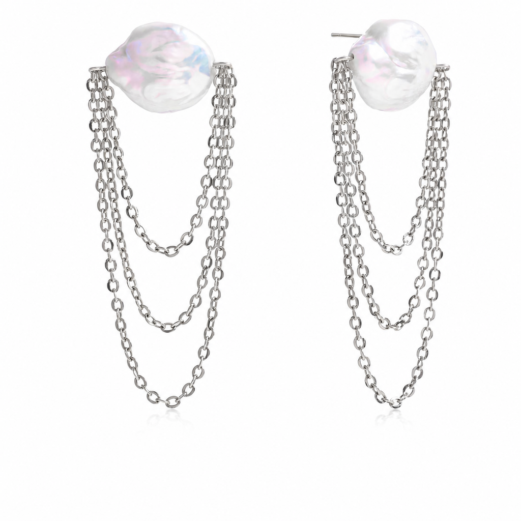 Pearl Layered Chain Drop Earrings, Gold & Silver Tones