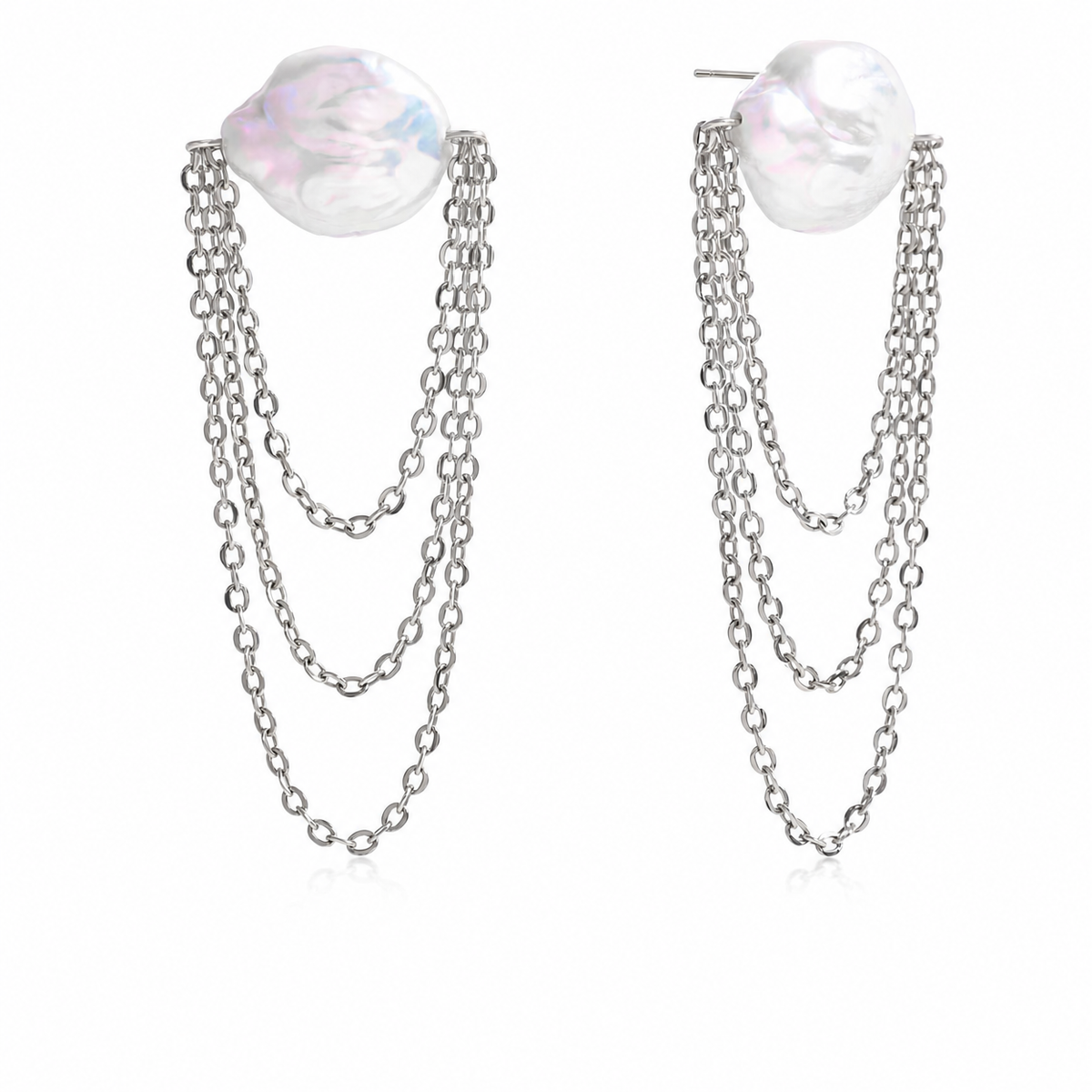 Pearl Layered Chain Drop Earrings, Gold & Silver Tones