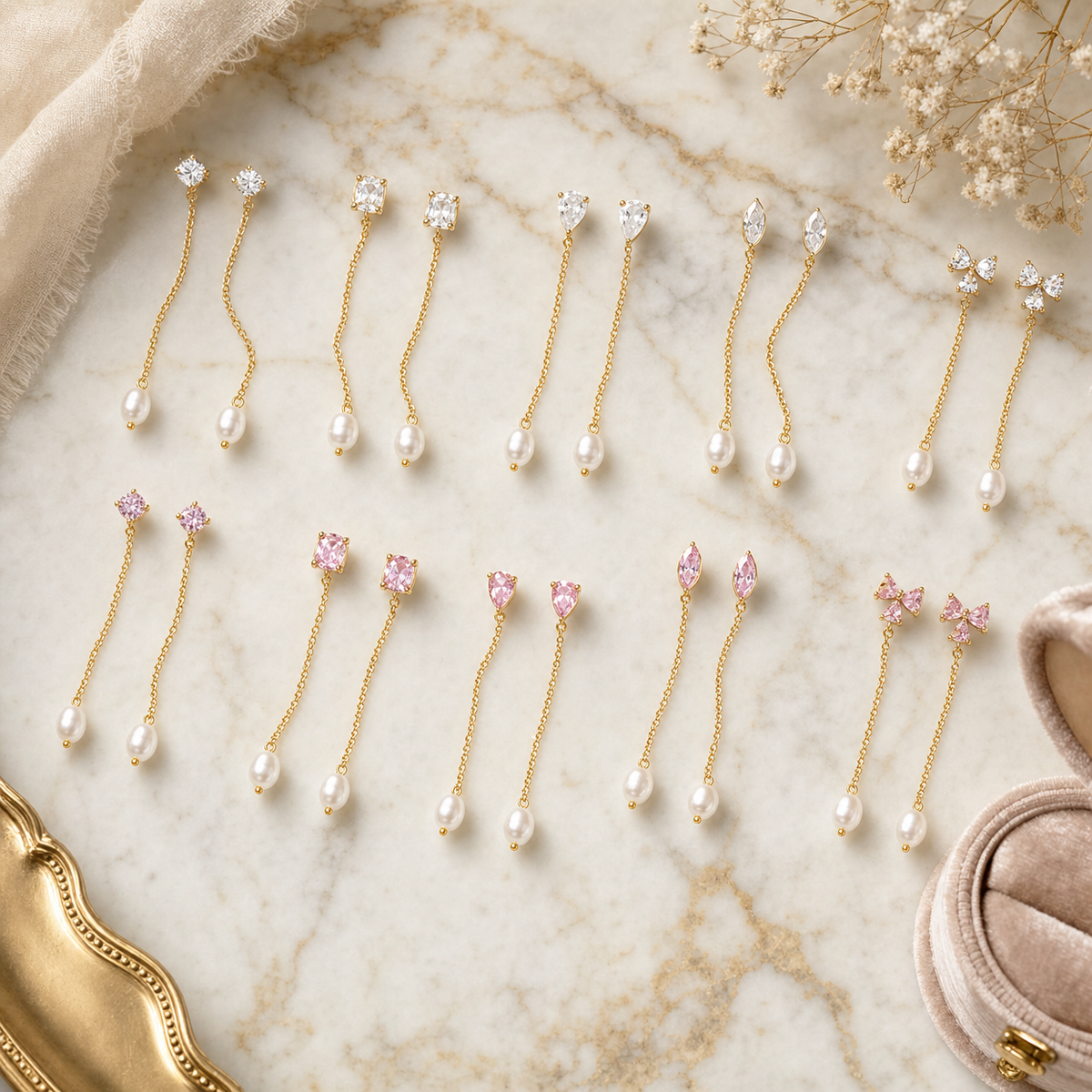 Stone & Pearl Chain Drop Earrings, 5 Shape Options