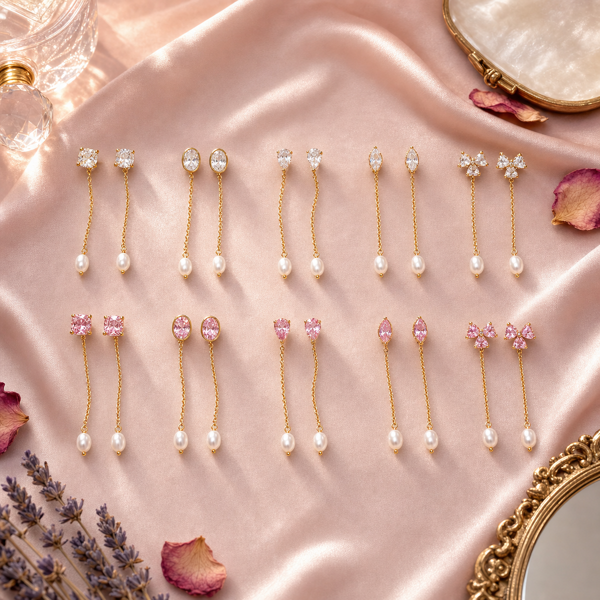 Stone & Pearl Chain Drop Earrings, 5 Shape Options